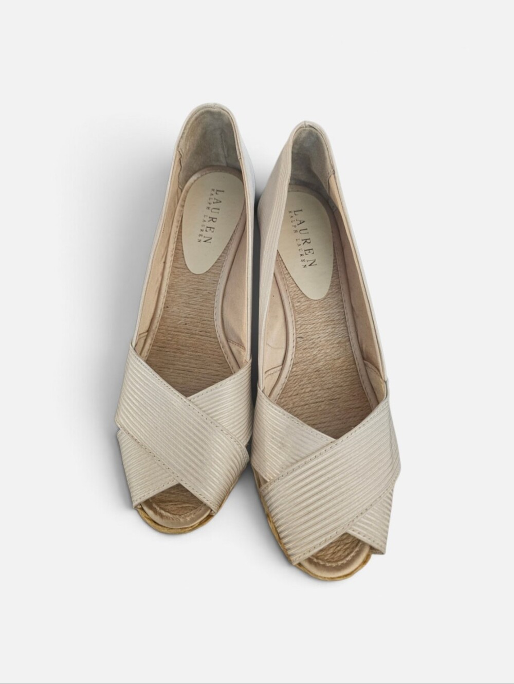 Ralph Lauren Neutral Cream/Beige Espadrille Peep-Toe Wedges